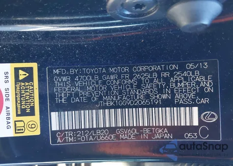 2013 Lexus Es 350 from USA, damaged, VIN JTHBK1GG9D2065191